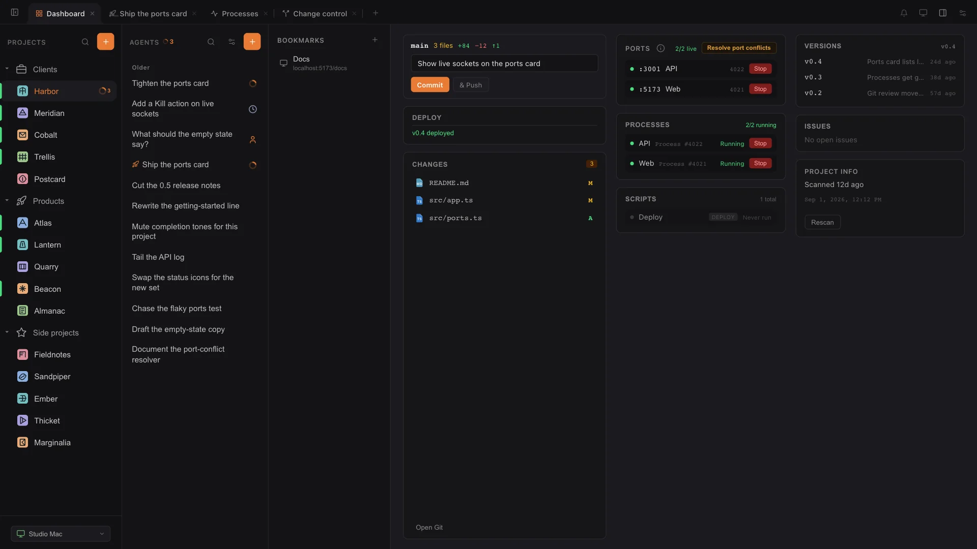 Nocturnal dashboard with project icons, agent conversations, Git changes, ports, and running processes